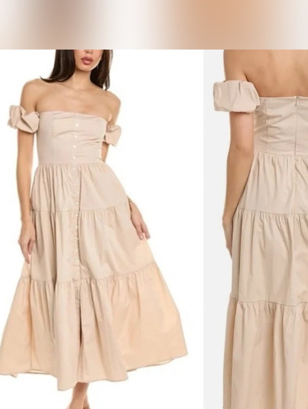 STAUD Off Shoulder Puff Sleeve Tiered Midi Dress Beige Tan Size 12